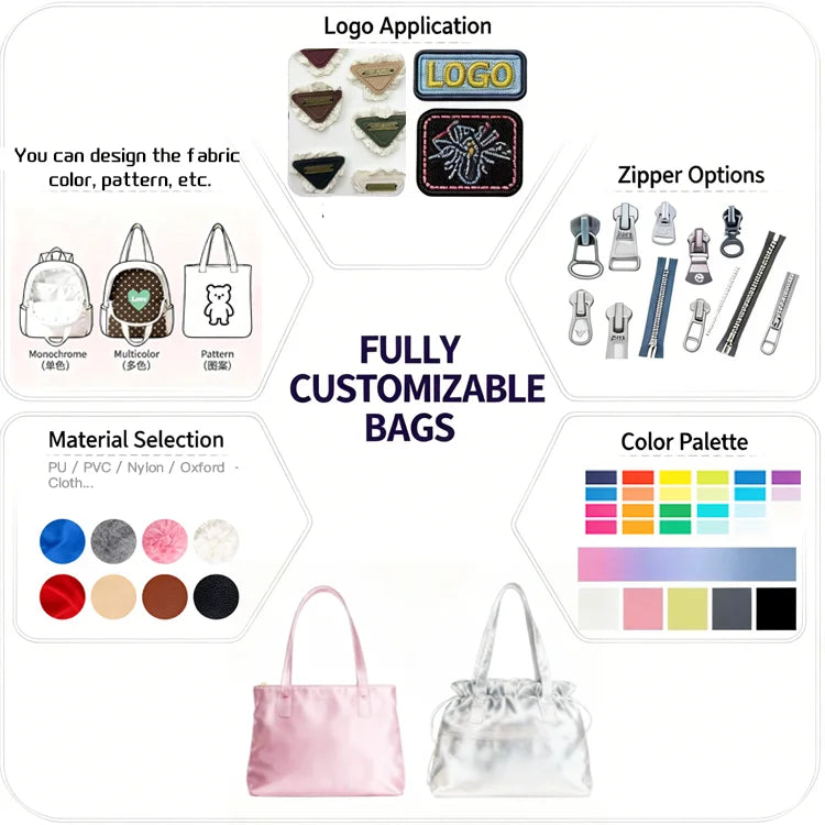 Customizable tote bags with logo patches, zipper options, and fabric swatches for sophisticated Korean-style trunks.