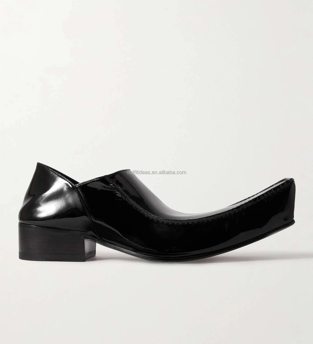 Exaggerated Elongated Square Toe Luxury Unisex Calfskin Oxfords Derby Shoe for Men Romeo Collapsible Heel Patent Leather Loafers