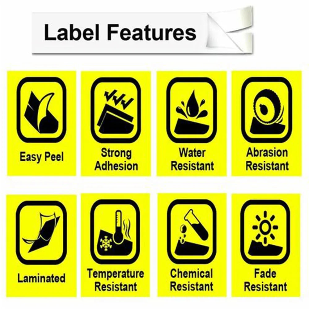 Label feature icons: easy peel, strong adhesion, water resistant, abrasion resistant
