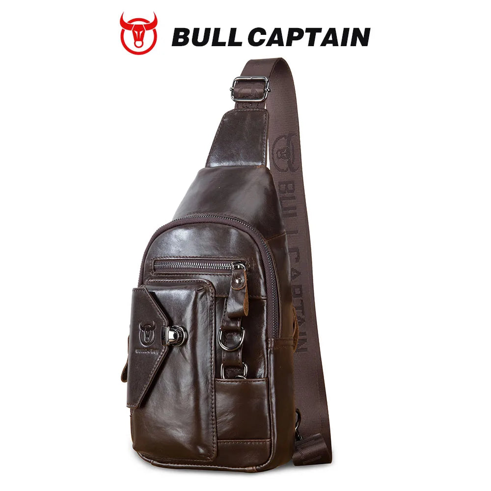 BULLCAPTAIN dark brown genuine leather crossbody sling bag with zippered pockets, metal buckle, and shoulder strap.