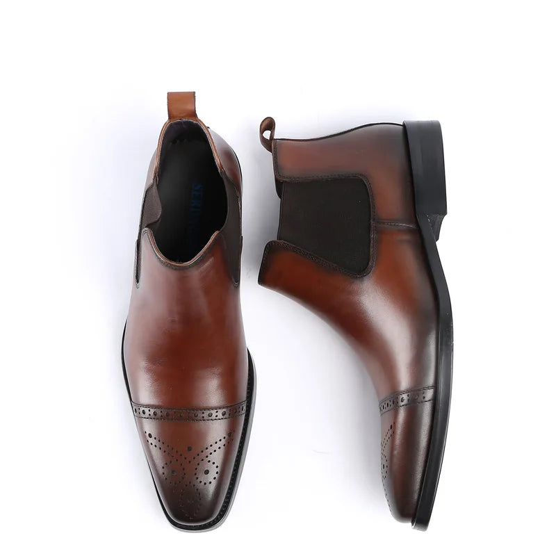 2026 New Men's Sleeve Short Boots British Pointed Carved Genuine Leather Business Formal High Top Leather Shoes
