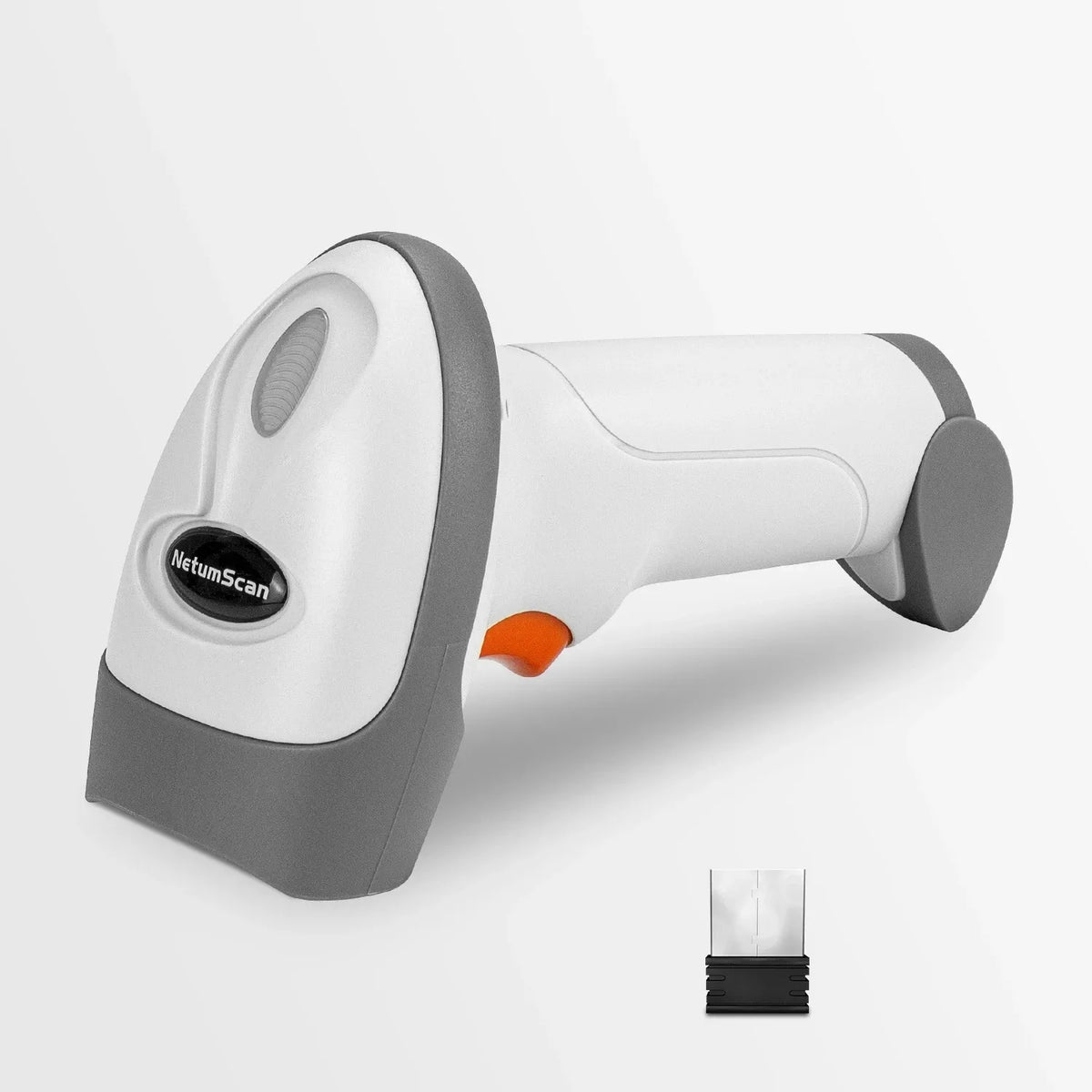 White and gray handheld barcode scanner with cradle-like stand mount