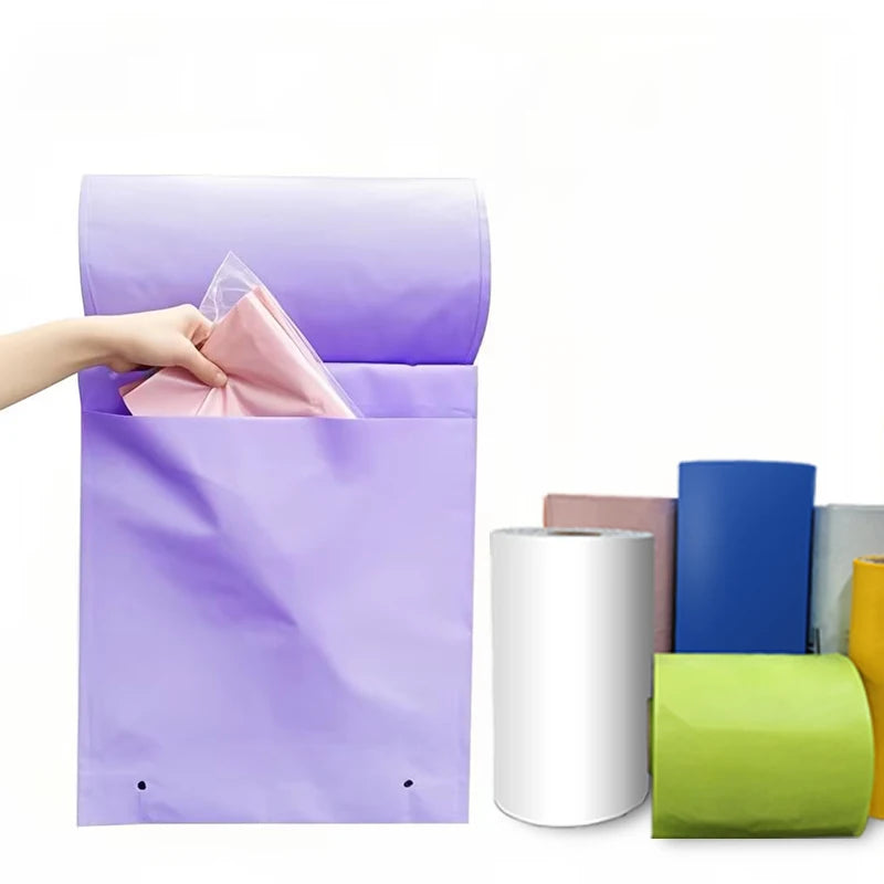 Lavender pre-opened auto bag roll with folded bag and open top opening