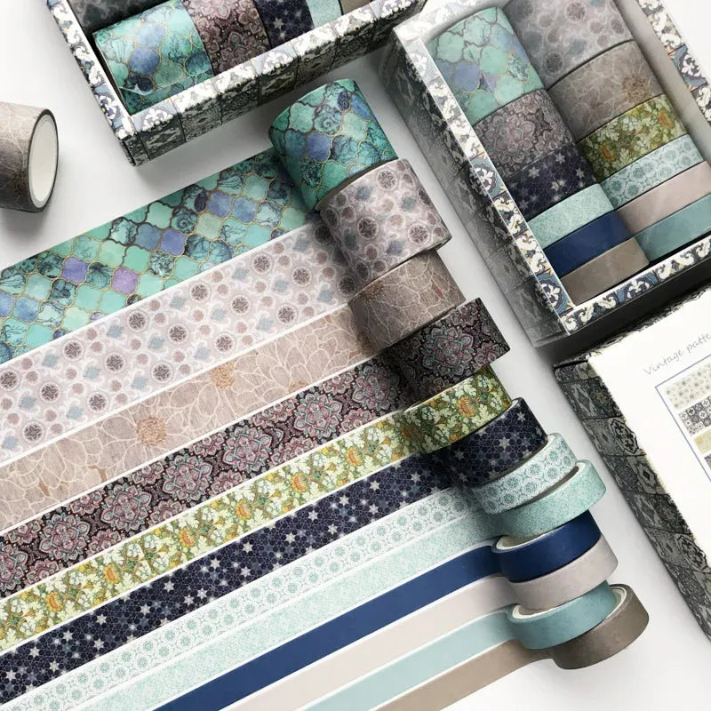 Blue and navy washi tape rolls set with star and geometric patterns, single-sided