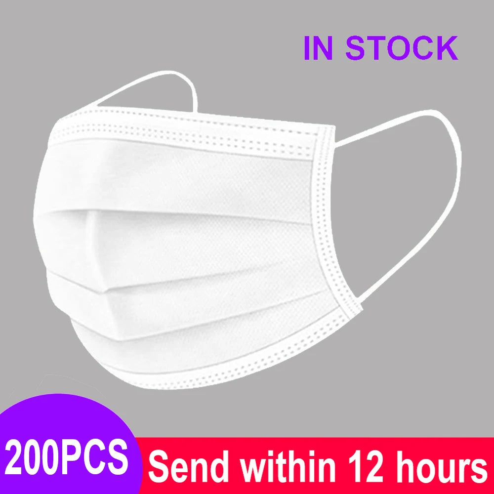 White 3-layer disposable non-woven face mask with meltblown fabric filter and elastic ear loops.