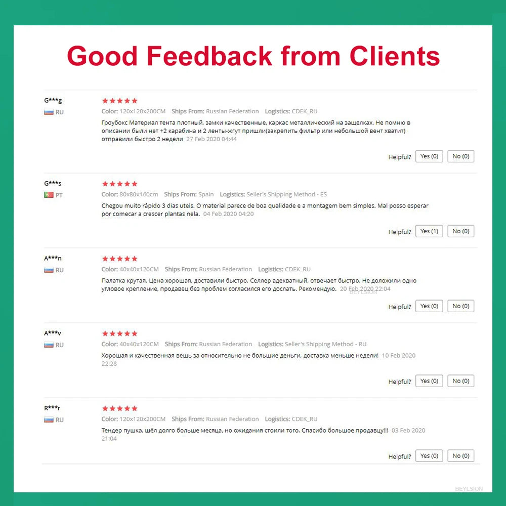Customer feedback reviews list for a grow tent set on a webpage
