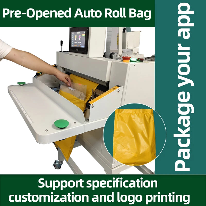 Pre-opened auto roll bag loaded in packaging machine, showing yellow bag