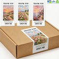 Landscape thank-you seal stickers with "OPEN ME" text on white cards