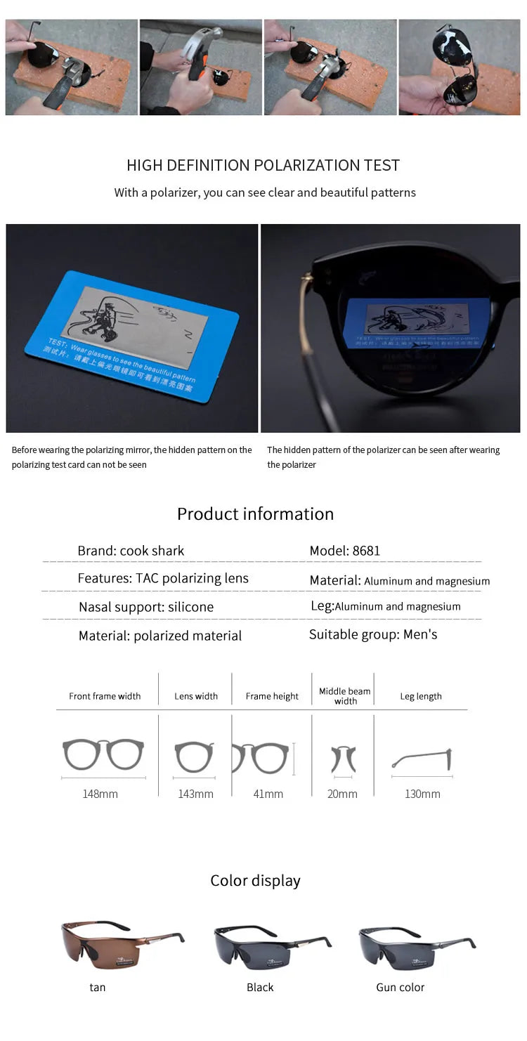 Men's polarized sunglasses with aluminum-magnesium frames, shown in tan, black, and gunmetal gray with durability tests.