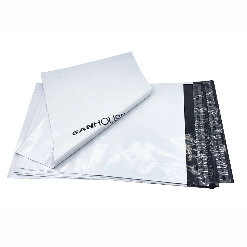 Poly mailer bags set: white front with black side panel and SANHOUSE FIT logo