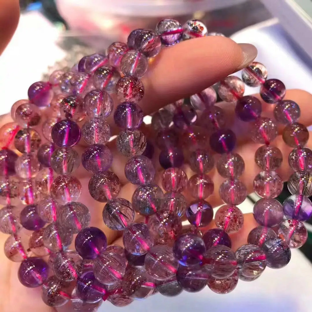 8mm Round Natural Super Seven Rutilated Quartz Stretch Bracelet