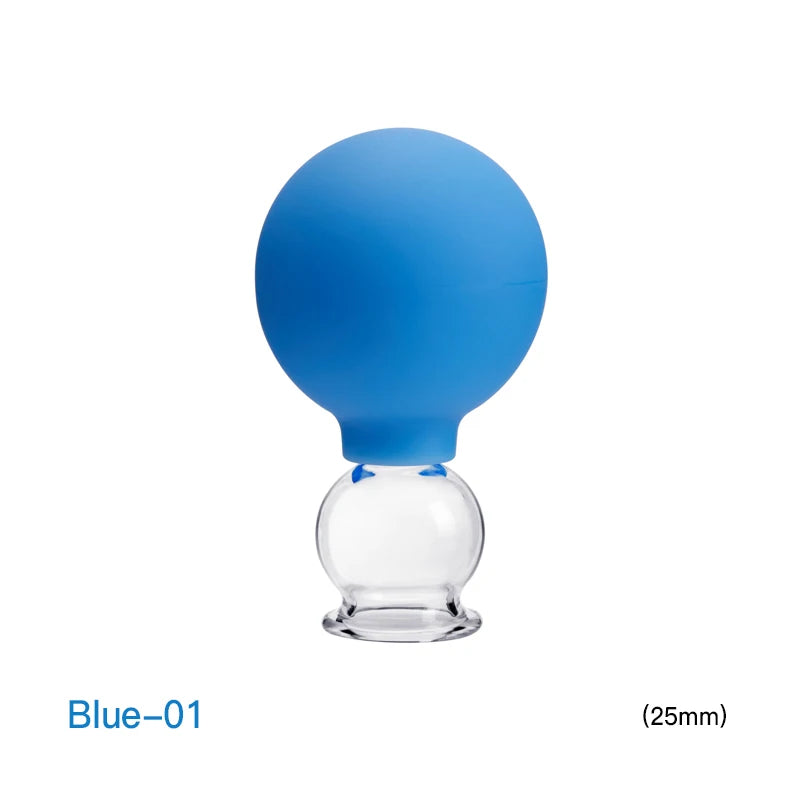 A 25mm vacuum cupping therapy glass with a round, blue silicone squeeze bulb for facial and body massage.