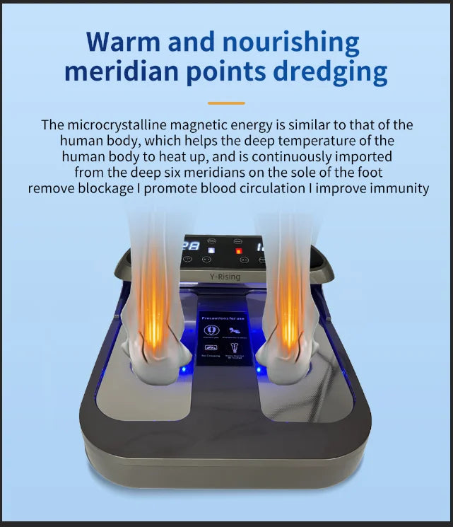 Tera-P90 terahertz PEMF foot massager with LED display for home meridian therapy and circulation support.