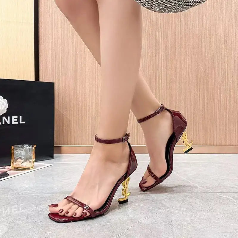 Women's Summer Pointed Toe Thick Heel Patent Leather High Heel Sandals Elegant Buckle Slip-On Hot Selling Fashion Trend