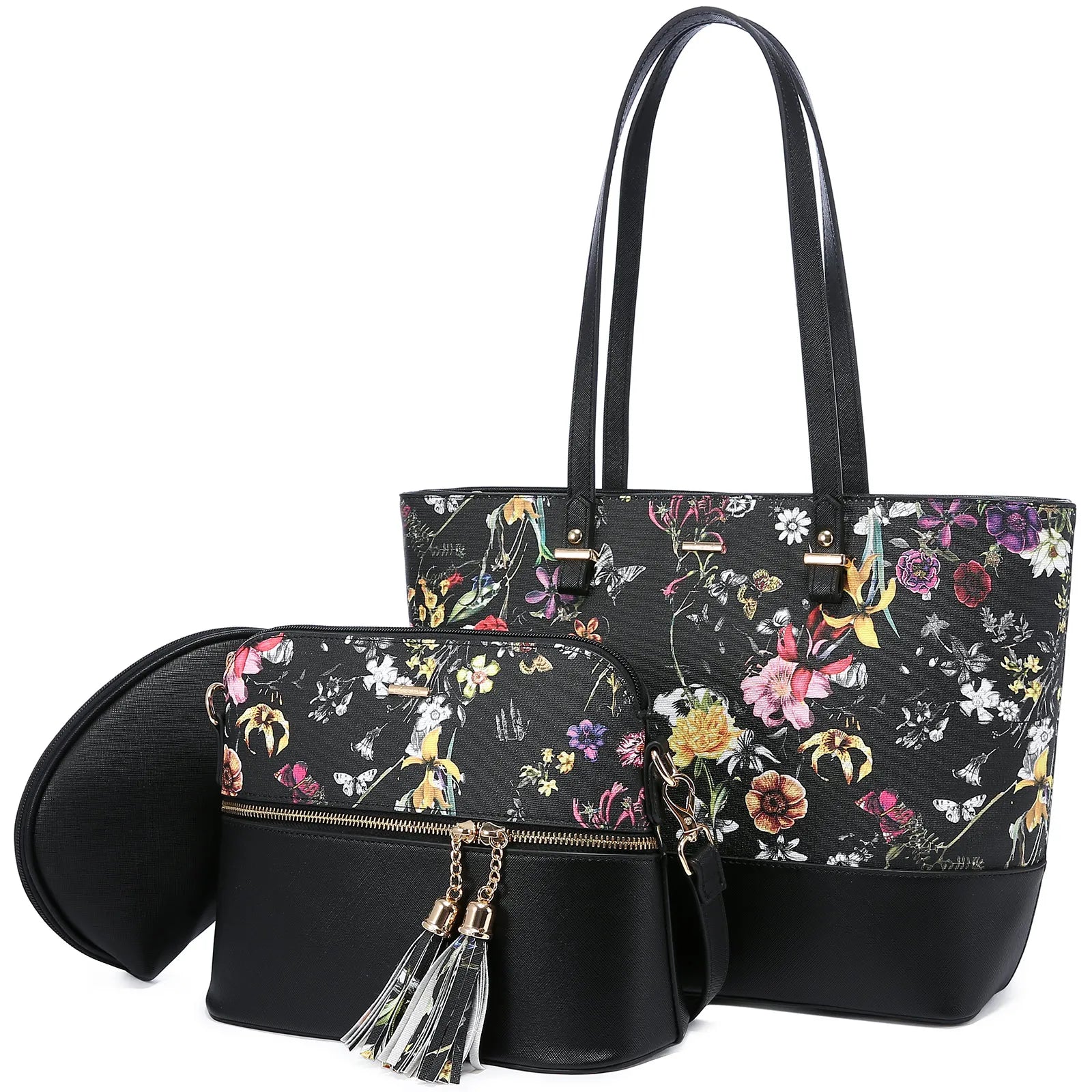 3-piece designer handbag set: black floral PU leather tote, crossbody bag with tassels, and matching clutch.