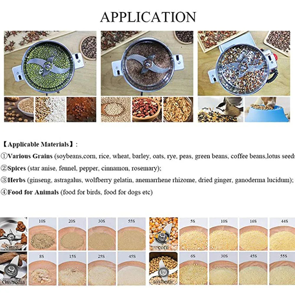 Stainless steel electric grain mill grinder for coffee beans, herbs, spices, and grains with sharp grinding blades.