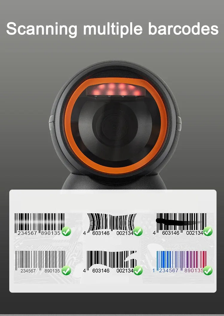 Close-up desktop barcode and QR code scanner with orange illuminated scan ring