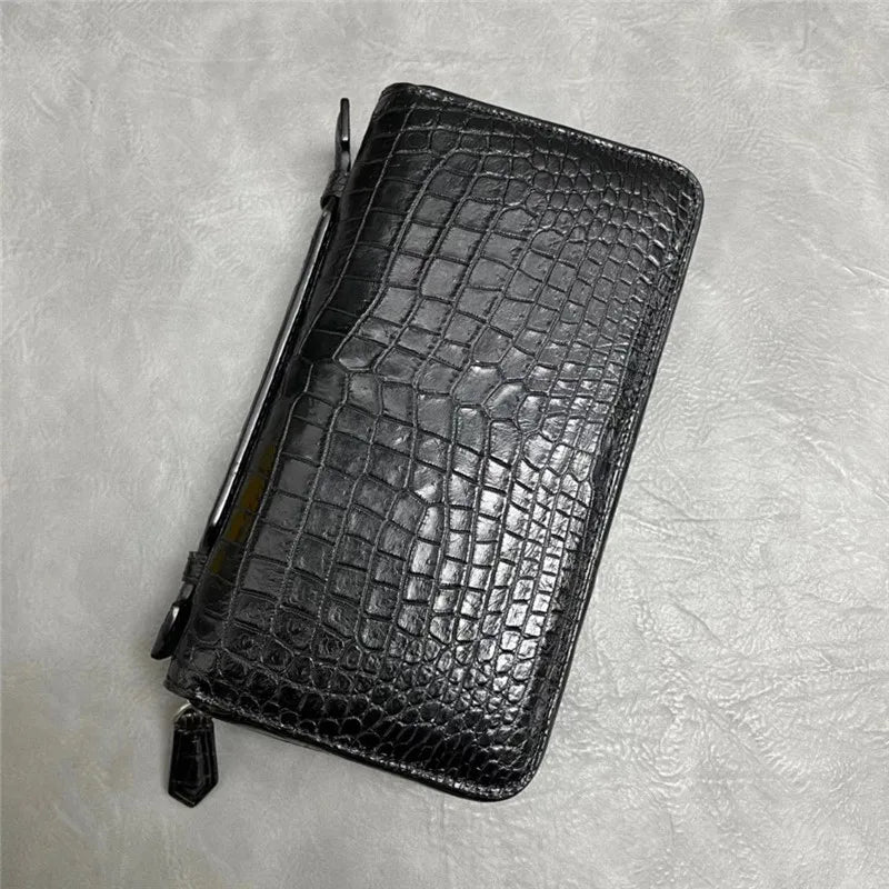 Authentic Crocodile Belly Skin Male Large ZIP Card Purse Genuine Exotic Alligator Leather Businessmen Small Black Clutch Bag