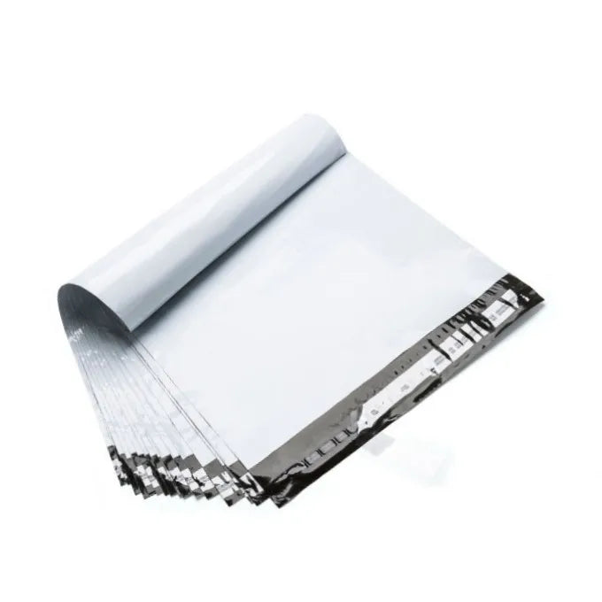 White poly mailer envelope-style shipping bag, rolled fold with dark patterned trim