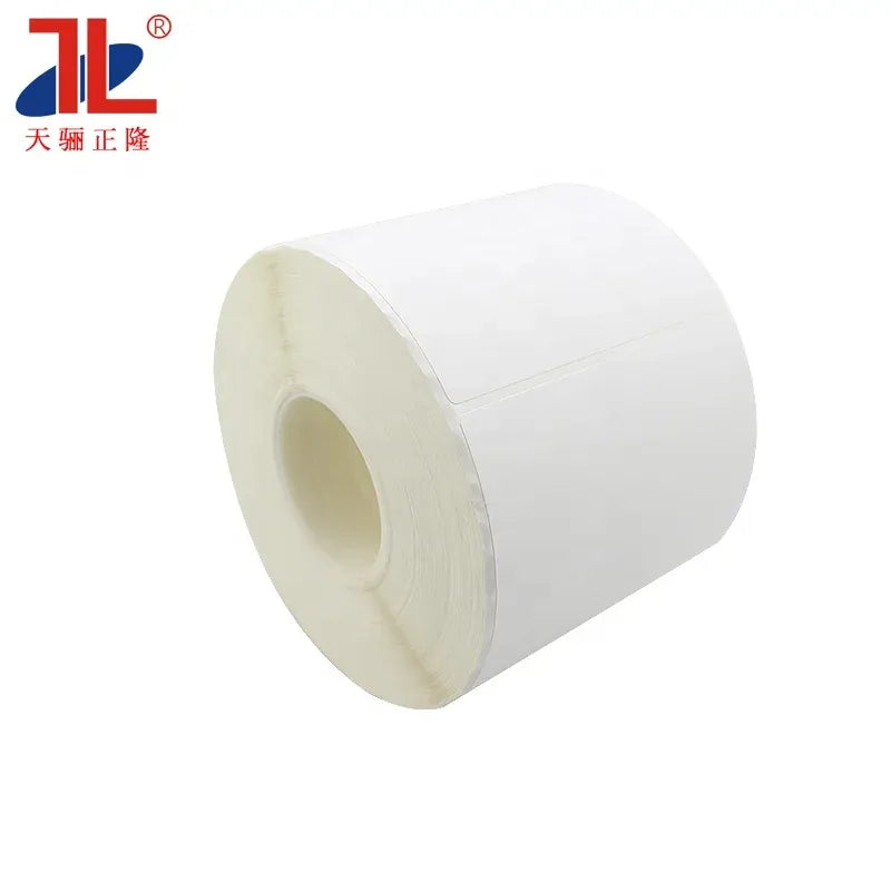 White glossy label roll with visible cardboard core opening