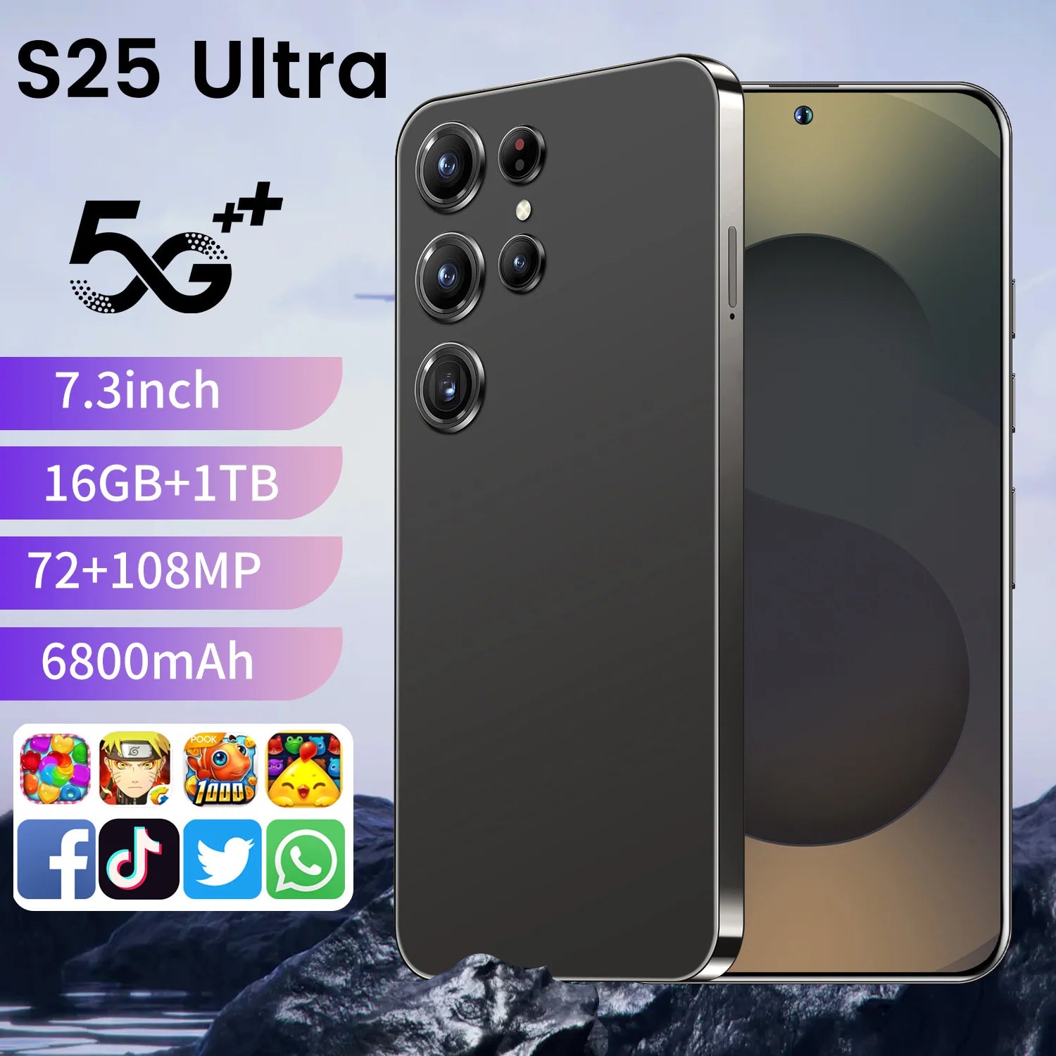 Tidesmit 2025 Android 5G phone with Snapdragon 8 Gen4, 108MP camera, and 7.3 inch 2K 120Hz titanium display.