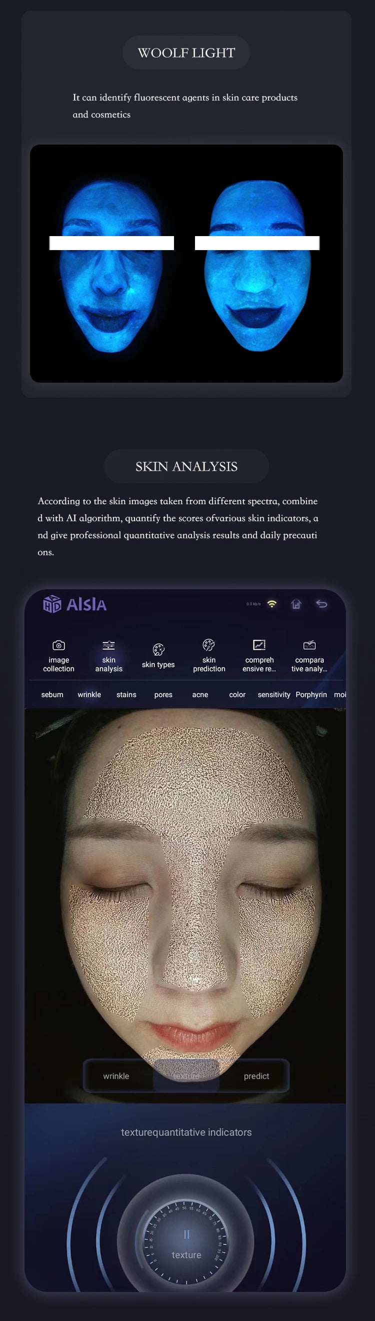Smart facial skin detection and analysis device showing AI skin scan, anti-aging assessment, and pore texture analysis.
