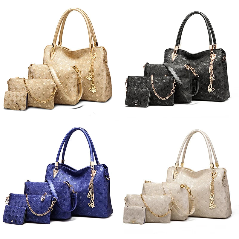 4-piece foldable handbag trunk set in gold, black, blue, and beige with embossed patterns and butterfly chain charms.