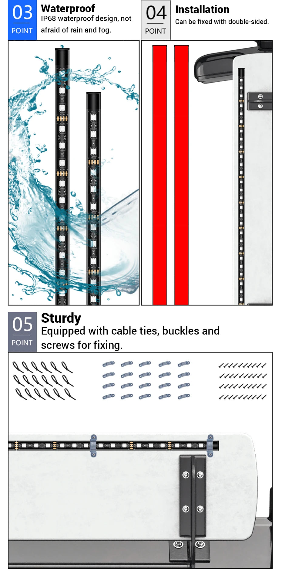 Waterproof LED strip light with mounting accessories, including double-sided tape, cable ties, buckles, and screws.