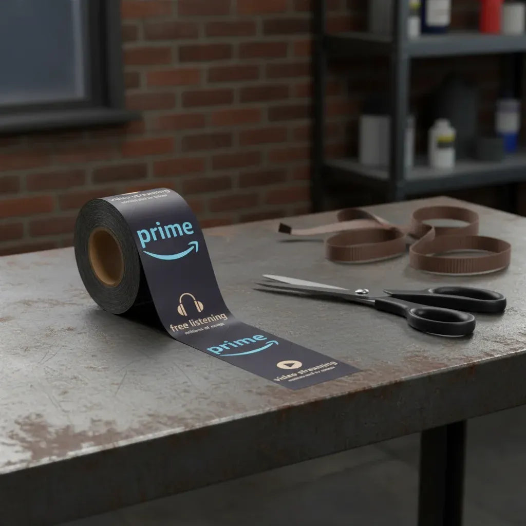 Black printed packing tape roll on a work table, with prime logo