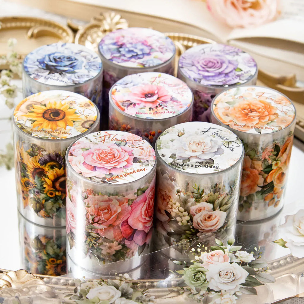 Floral PET masking tape rolls in clear cylinders, mixed sunflowers and roses