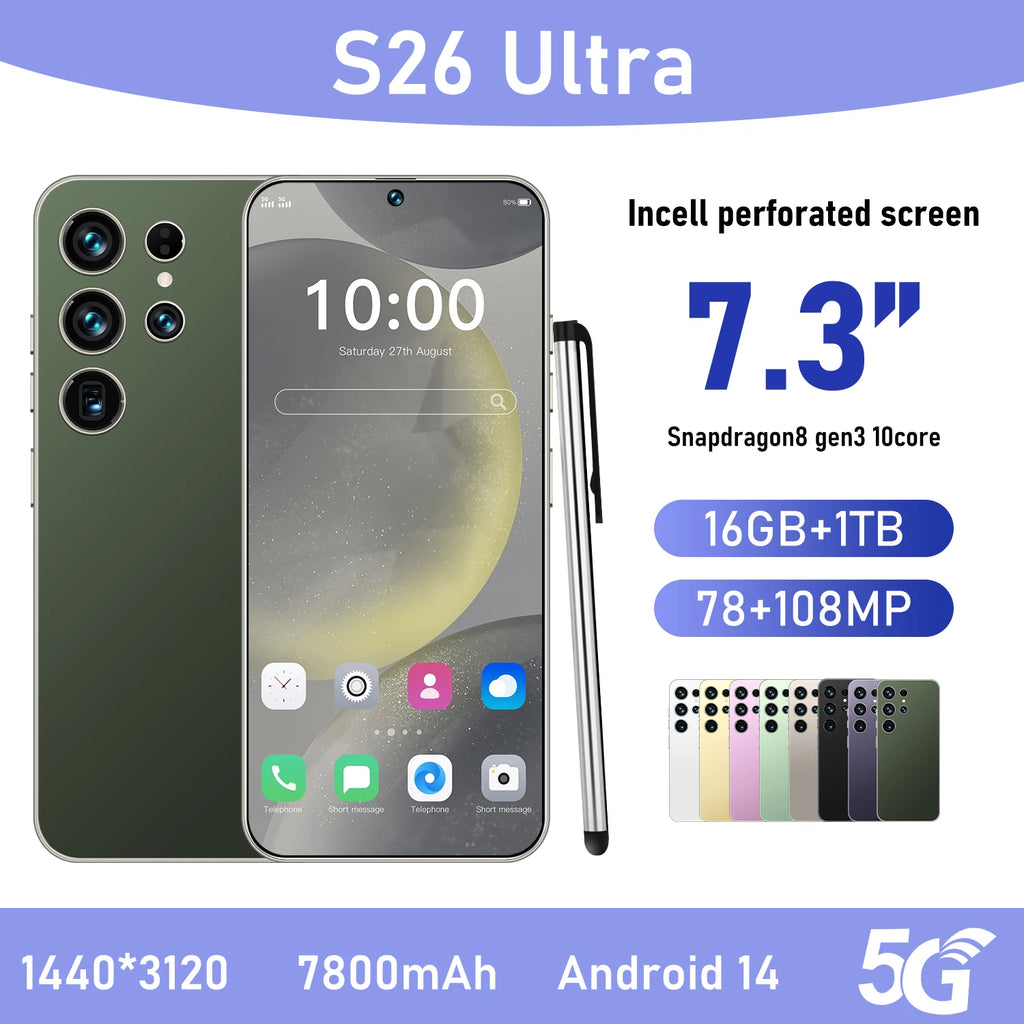 Unlocked S26 ULTRA 5G Mobile Phone 7.3 Inch Screen 108MP Camera 7800mAh Battery Dual Sim 1TB ROM Smart Features - Tidesmit