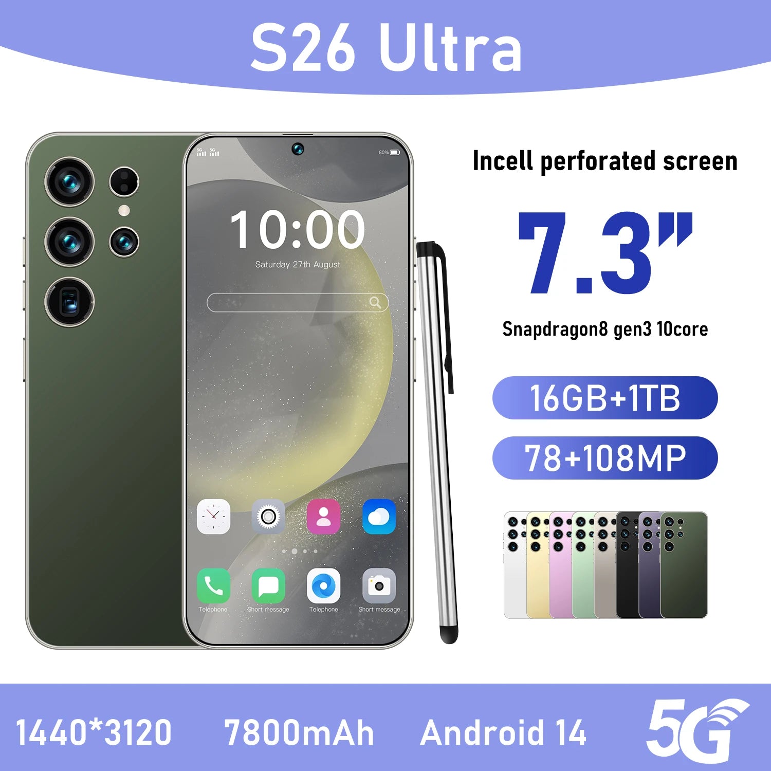 Unlocked S26 ULTRA 5G Mobile Phone 7.3 Inch Screen 108MP Camera 7800mAh Battery Dual Sim 1TB ROM Smart Features - Tidesmit