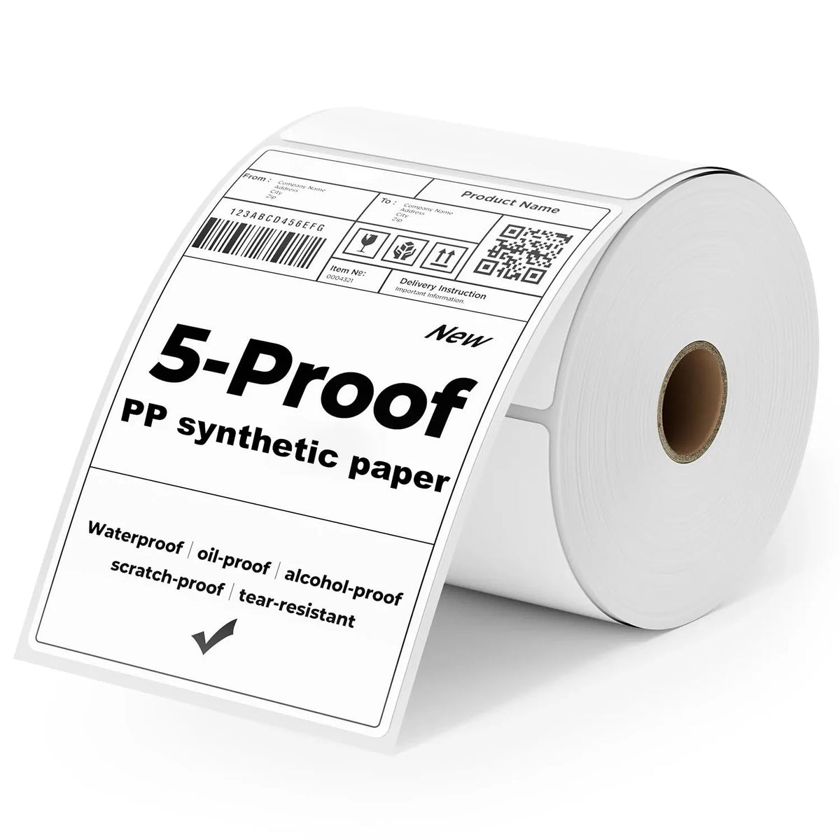White PP synthetic adhesive sticker roll with printed 5-Proof label and QR code