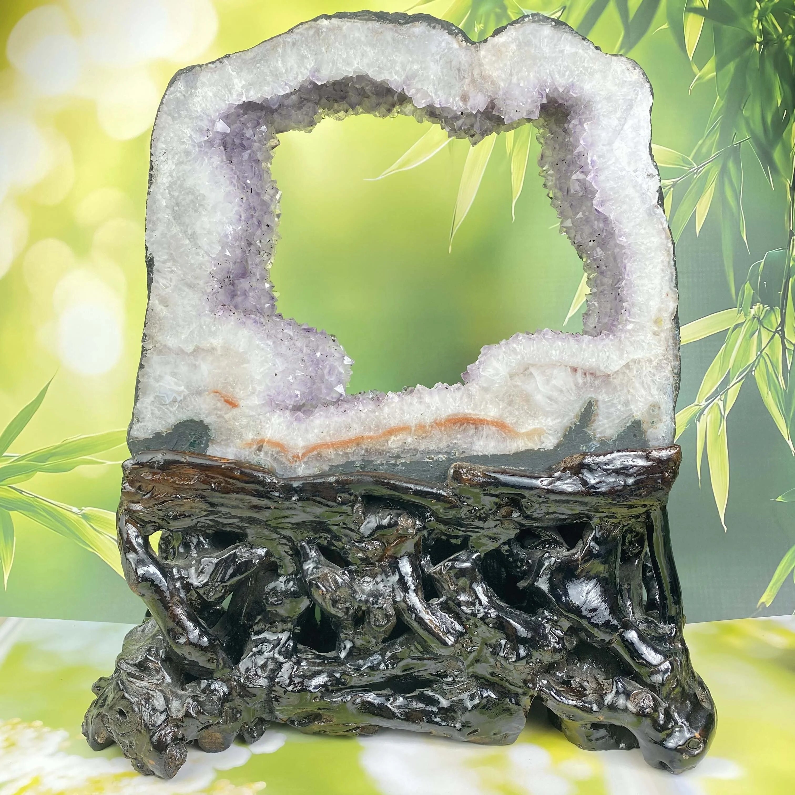 Natural Brazilian Amethyst Geode High-quality Amethyst Cluster with Wood Holder Crystal Rough Stone for Fengshui Home Decor
