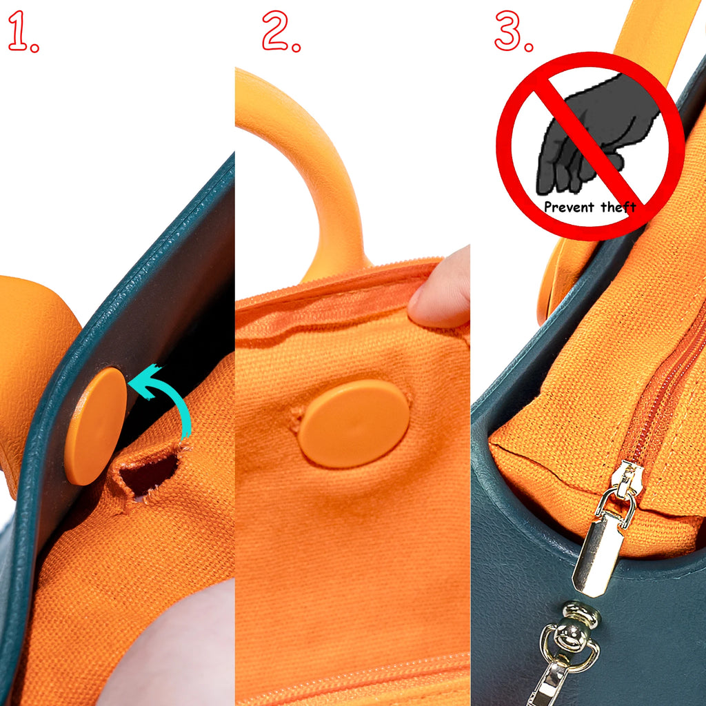 Anti-theft waterproof EVA tote bag with orange fabric liner, secure zip closure, and magnetic snap button.