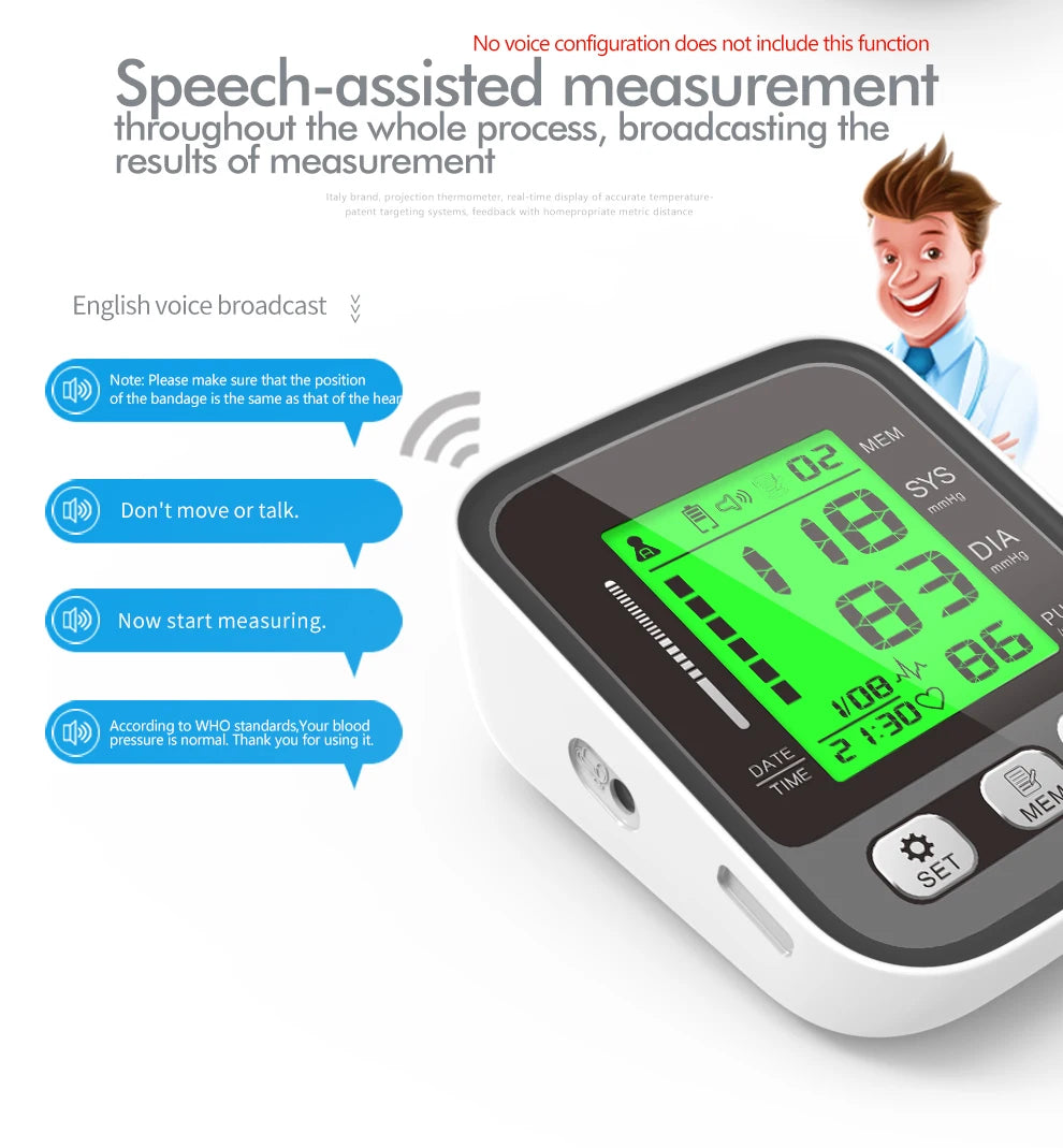 JYouCare Medical Digital Lcd Upper Arm Blood Pressure Monitor cuffs Home Heart rate Meter Tonometers Large cuff Voice Automatic