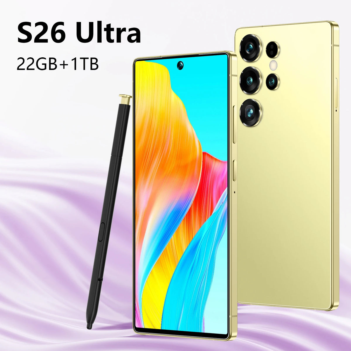 Gold smartphone shown front and back with quad cameras, includes slim stylus