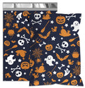 Navy Halloween poly mailer bag with pumpkins, skulls, bats, and bones pattern
