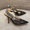 Women Shoes Sexy Stiletto Pointed Toe Transparent Mesh Embroidery Heels, Elastic Strap Evening Footwear for Club Party Occasions
