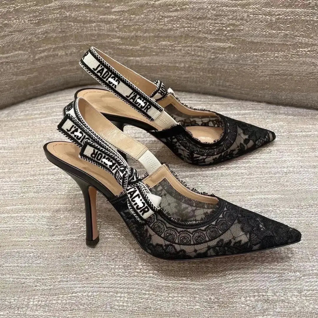 Women Shoes Sexy Stiletto Pointed Toe Transparent Mesh Embroidery Heels, Elastic Strap Evening Footwear for Club Party Occasions