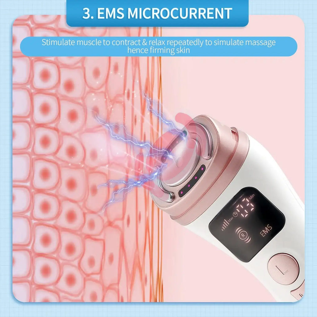 White and rose gold handheld EMS facial device with a digital display emitting blue light waves toward a skin diagram.