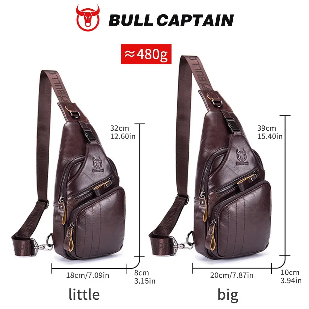 Brown genuine cow leather BULLCAPTAIN vintage sling bag, featuring casual crossbody design, zippers, and logo detail.