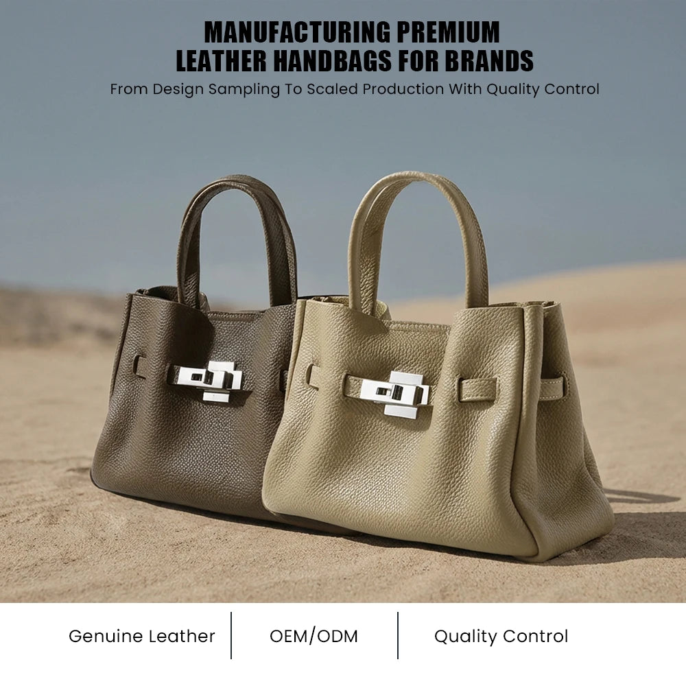 Luxury genuine leather satchel handbags with silver lock hardware in beige and dark brown, old money aesthetic style.