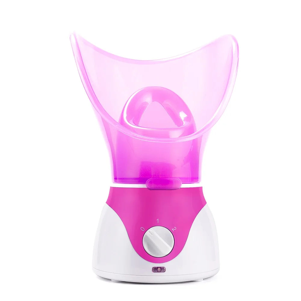 Pink home face steamer with adjustable dial for facial spa, pore cleaning, and skin moisturizing.