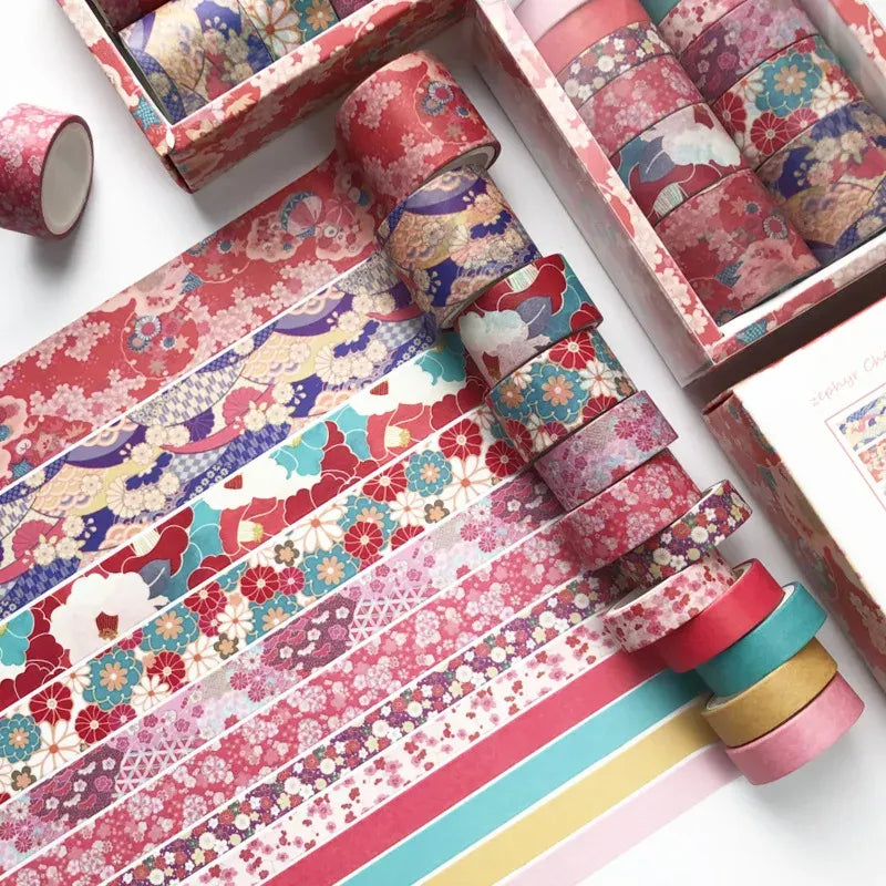 Colorful pink washi tape rolls set with floral patterns, single-sided masking sticker