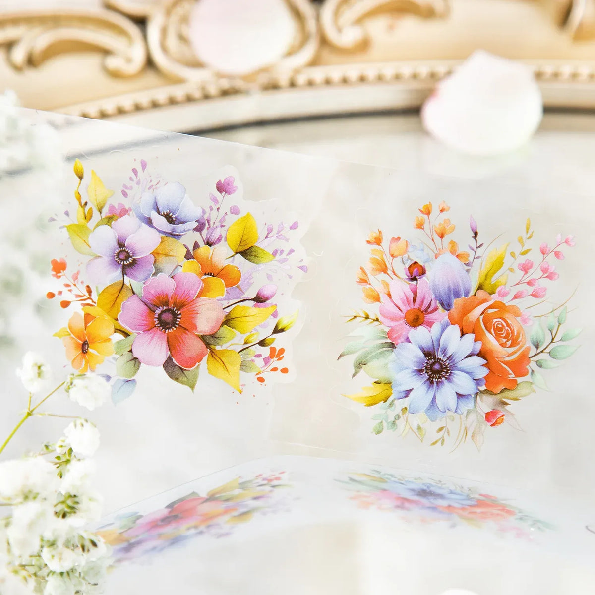 Decorative floral PET masking tape strip sheets with colorful bouquets, white background