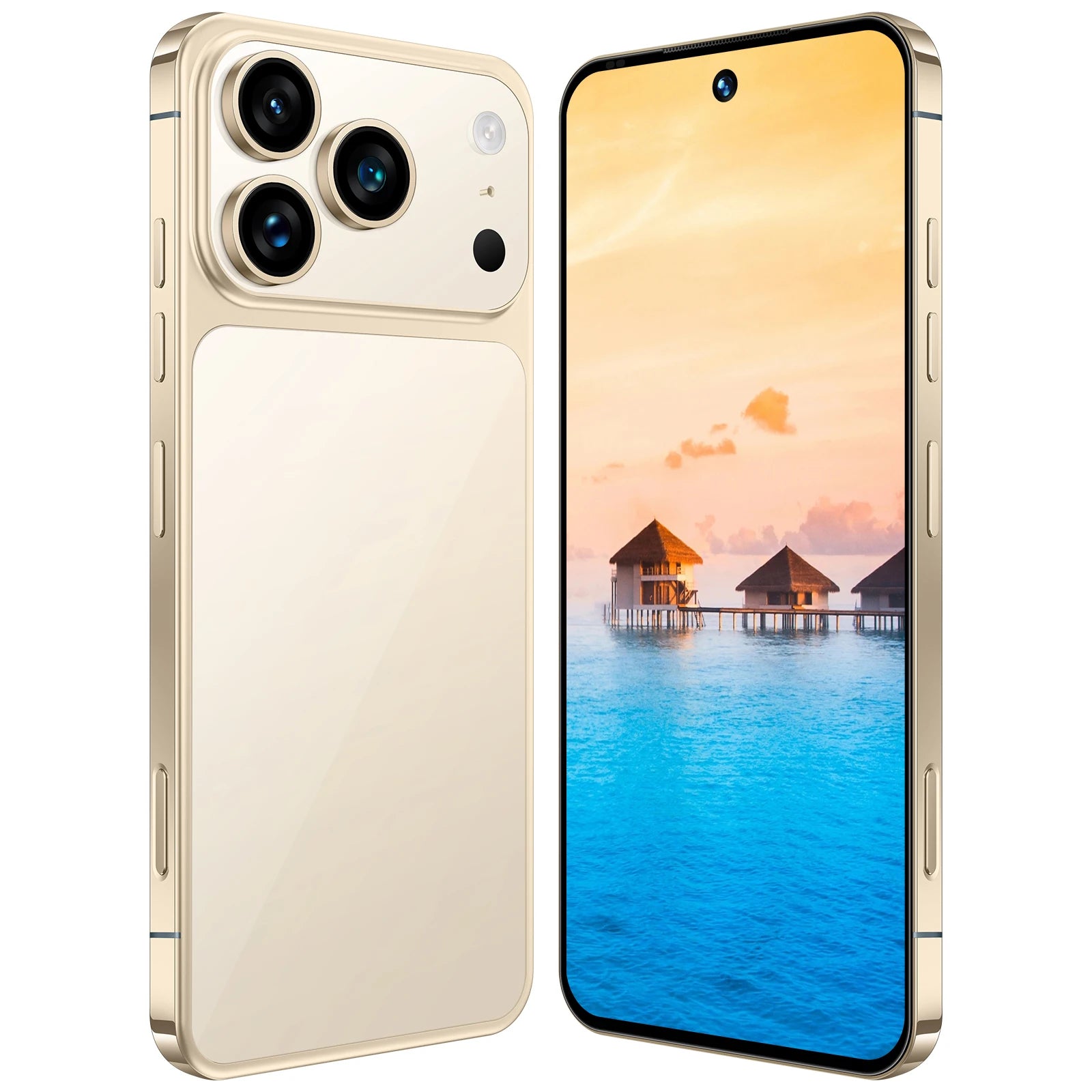 Gold smartphone with rear triple-camera and front screen showing waterfront scene