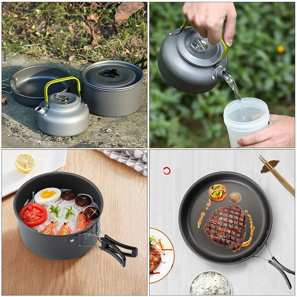 Aluminum alloy camping cookware set with nesting pots and kettle, plus lid and utensils