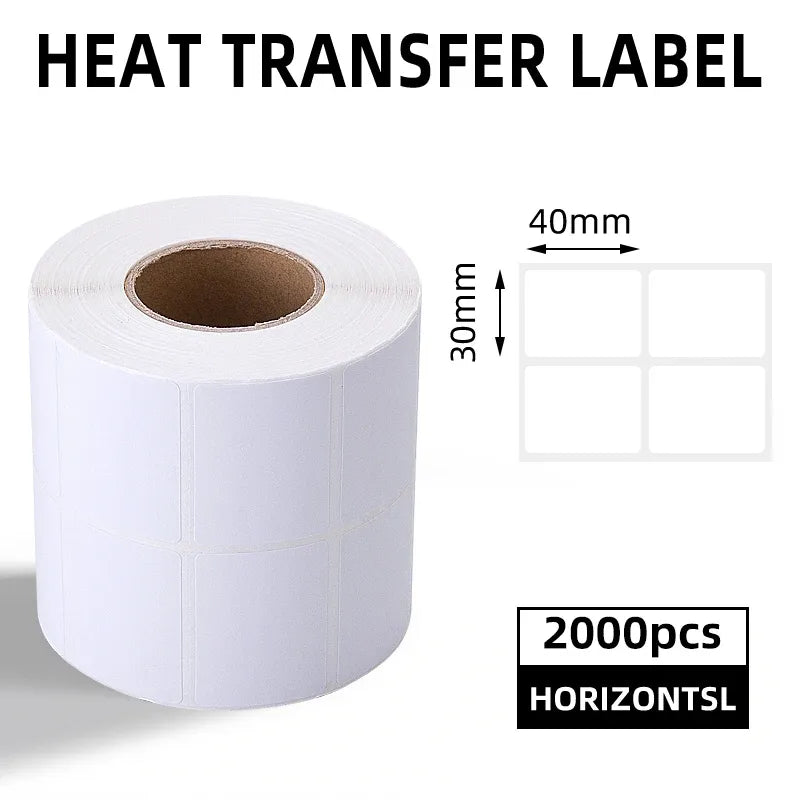 White thermal label roll with blank 40 mm x 30 mm label layout