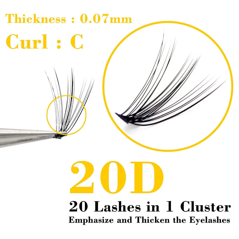 Tidesmit 20D Russian Volume lash clusters, 0.07mm thickness, C-curl, held by tweezers, showing 20 lashes per cluster.